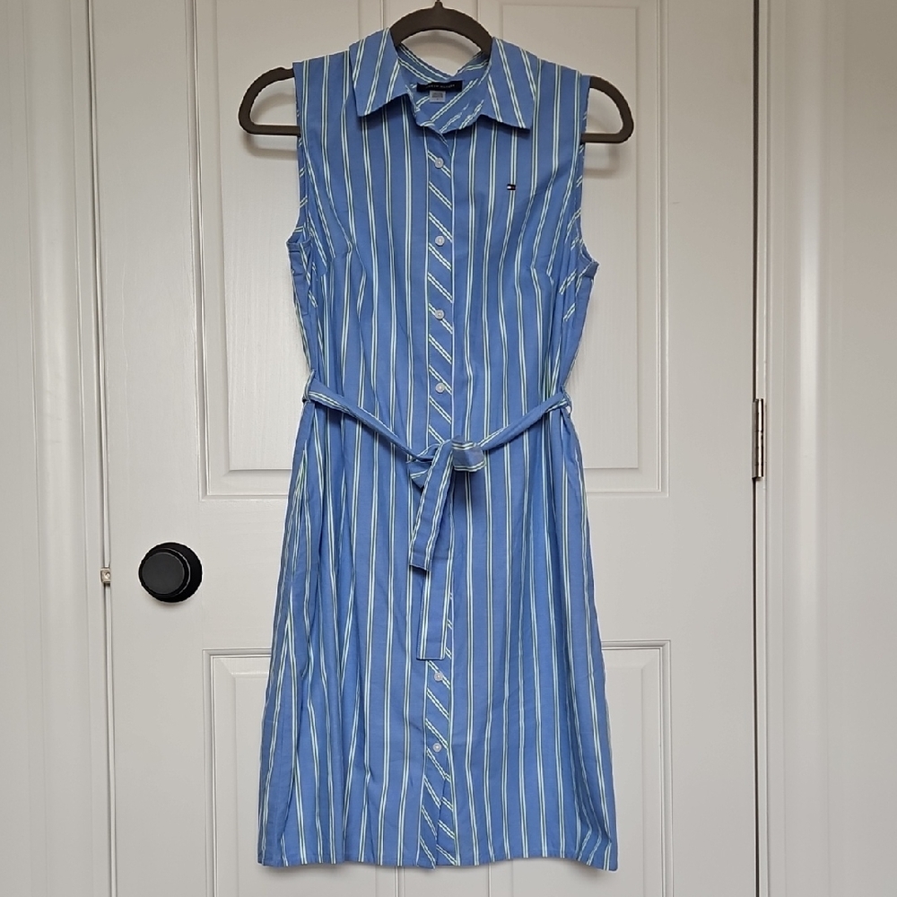 Sleeveless Blue Striped Shirt Dress with Waist Tie